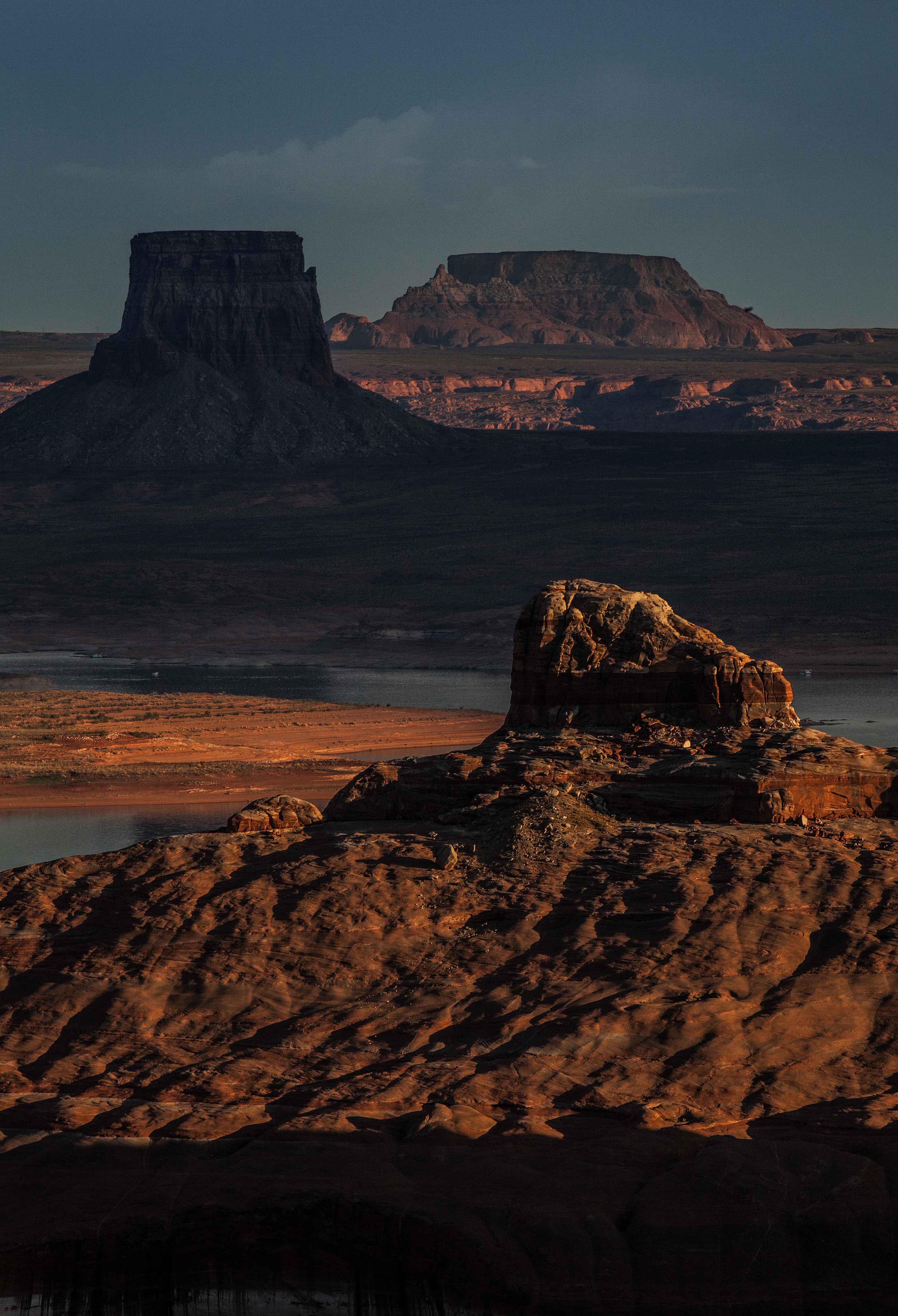 Looking across Lake Powell from Utah to Arizona (at upper-left is Tower Butte, Az.)