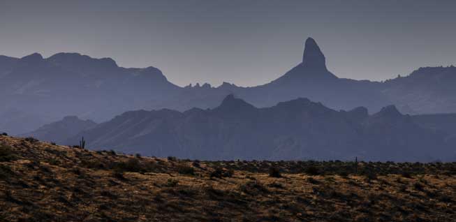 Looking toward Arizona's Superstition Mts., including Weaver's Needle, in the morning.