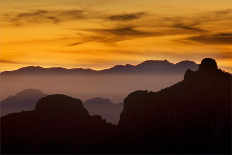 From Seven Cataracts Vista in the Catalinas, looking southwest. At right is Thimble Peak and in the distance are the Quinlan Mts. including Kitt Peak.