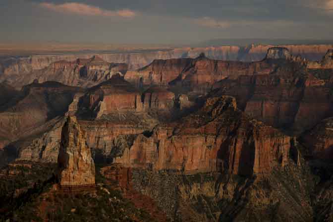 Looking roughly east from Point Imperial on the north rim of the Grand Canyon, Arizona. The pointy formation at lower-left is Mount Hayden.