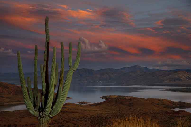 Sunset fades to twilight on the north side of Roosevelt Lake, Arizona (looking south).