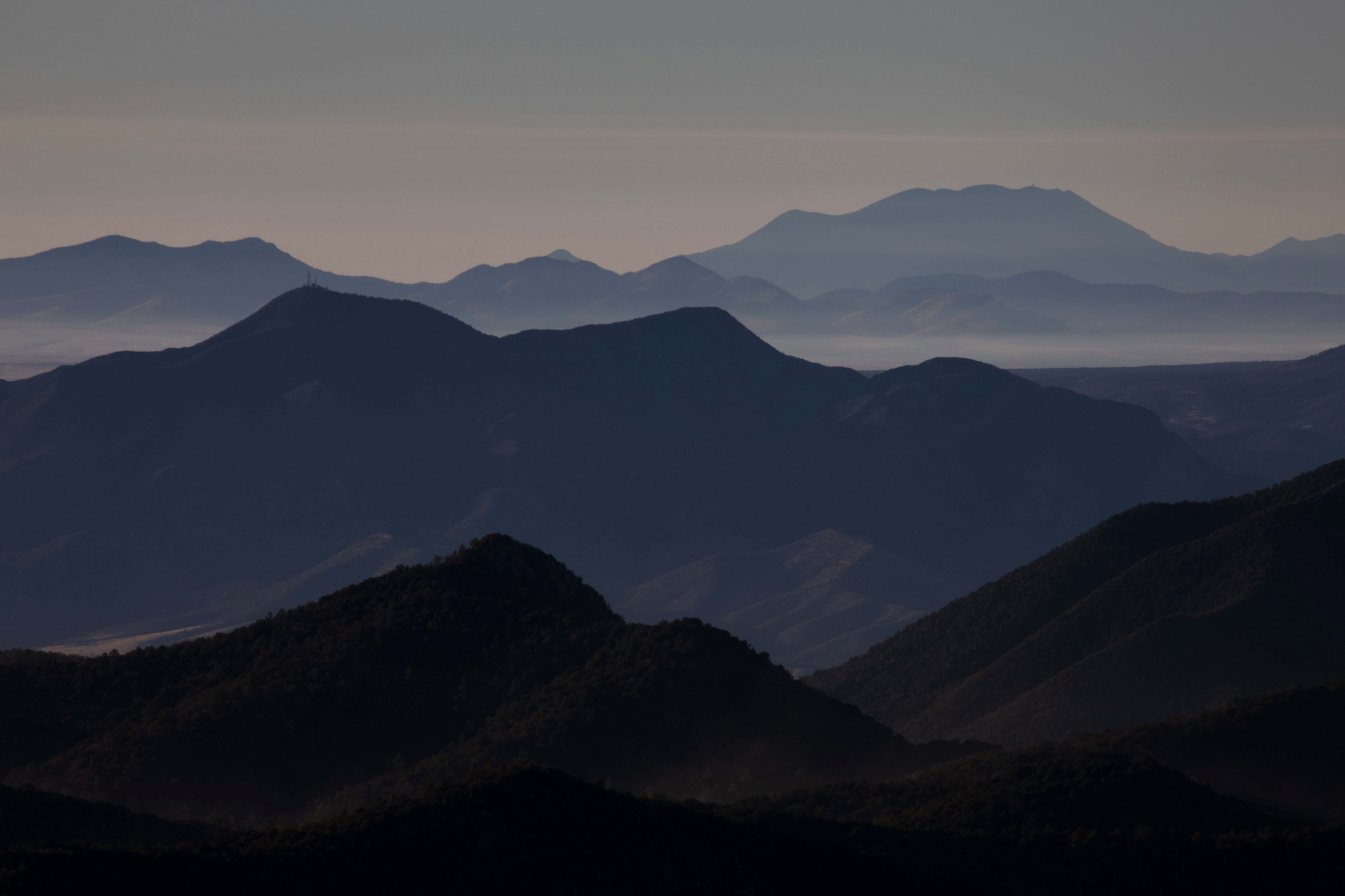 From high in the Santa Rita Mts. looking southeast toward other southern Arizona ranges (49 minutes after sunrise).